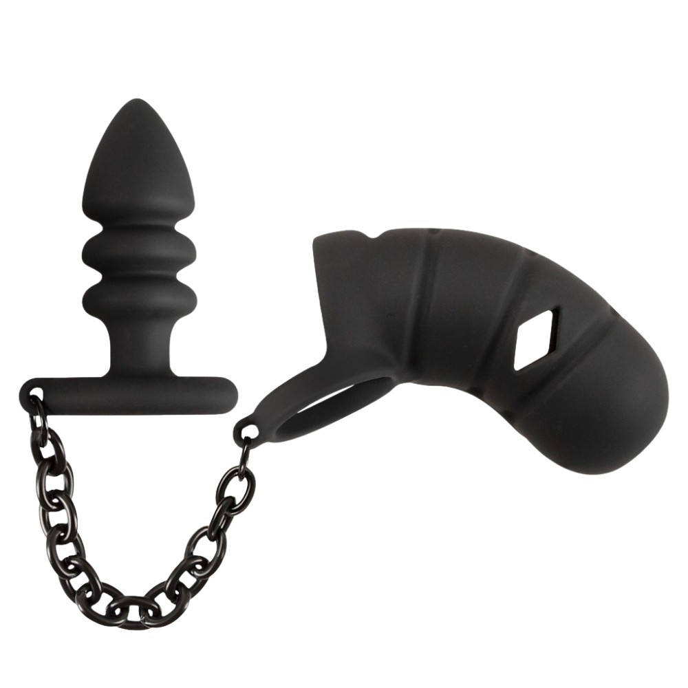 Black Velvets Cock Cage With Butt Anal Plug ve Penis Kilidi