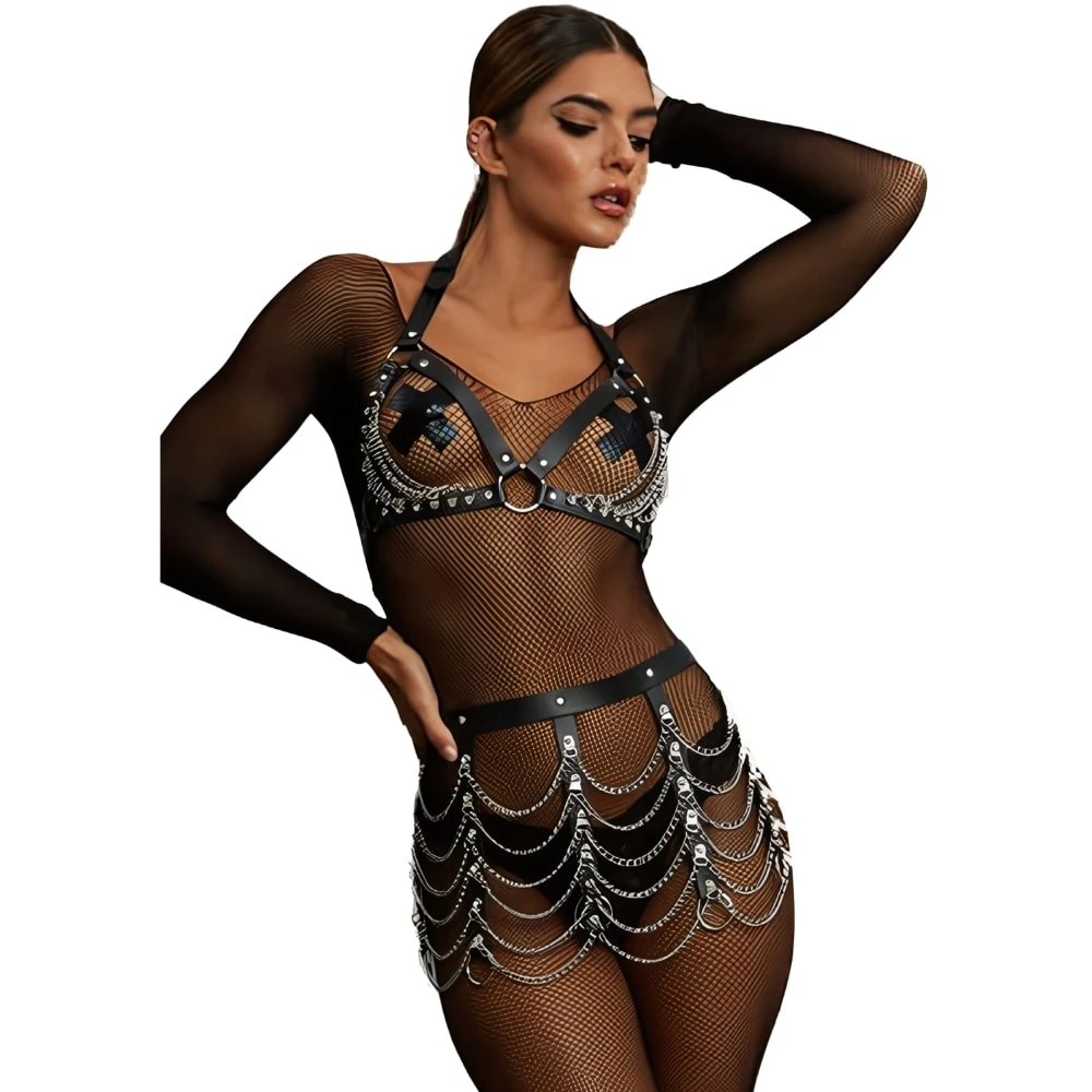 Başka Erotica Wear Zincir Süslemeli Vücut Kemeri Harness