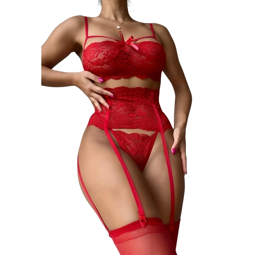 Başka Fantasy Wear Jartiyerli Kırmızı Sütyen Külot Takım