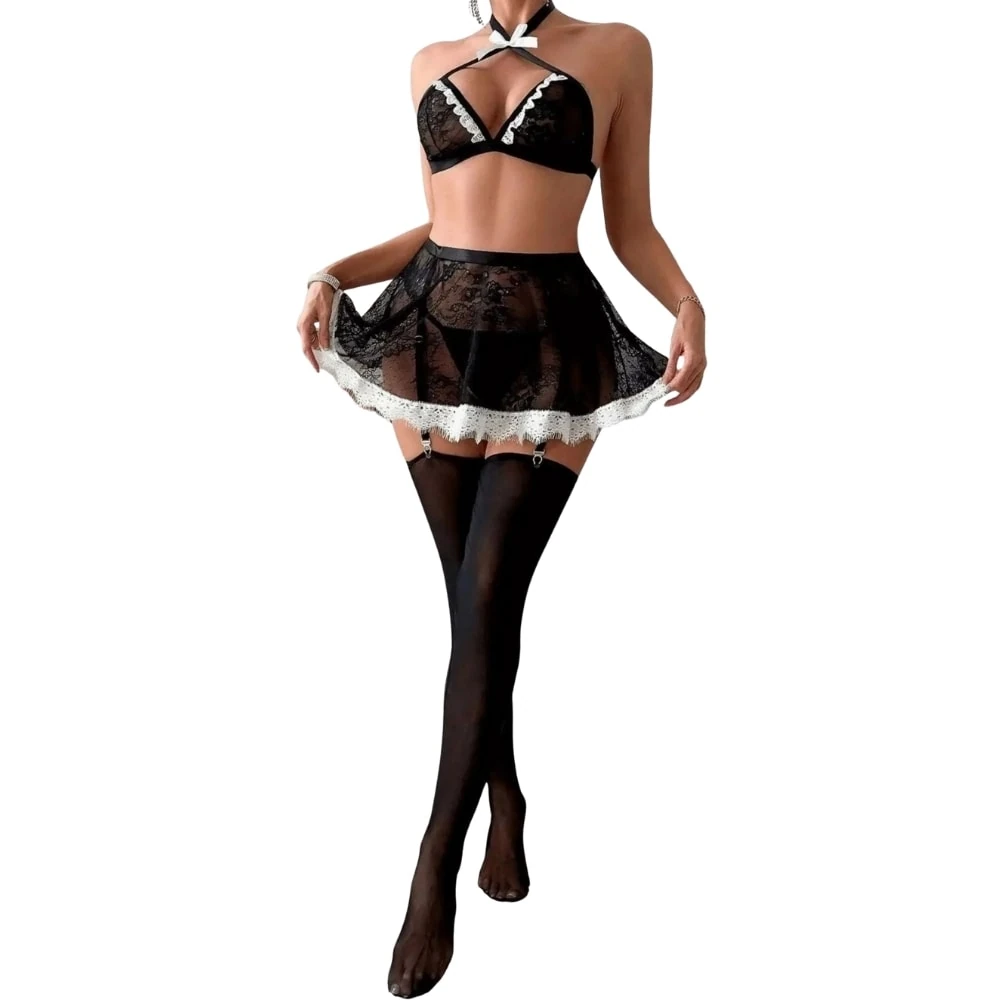 Başka Fantasy Wear Siyah Dantel Detaylı Transparan Hizmetçi Kostüm