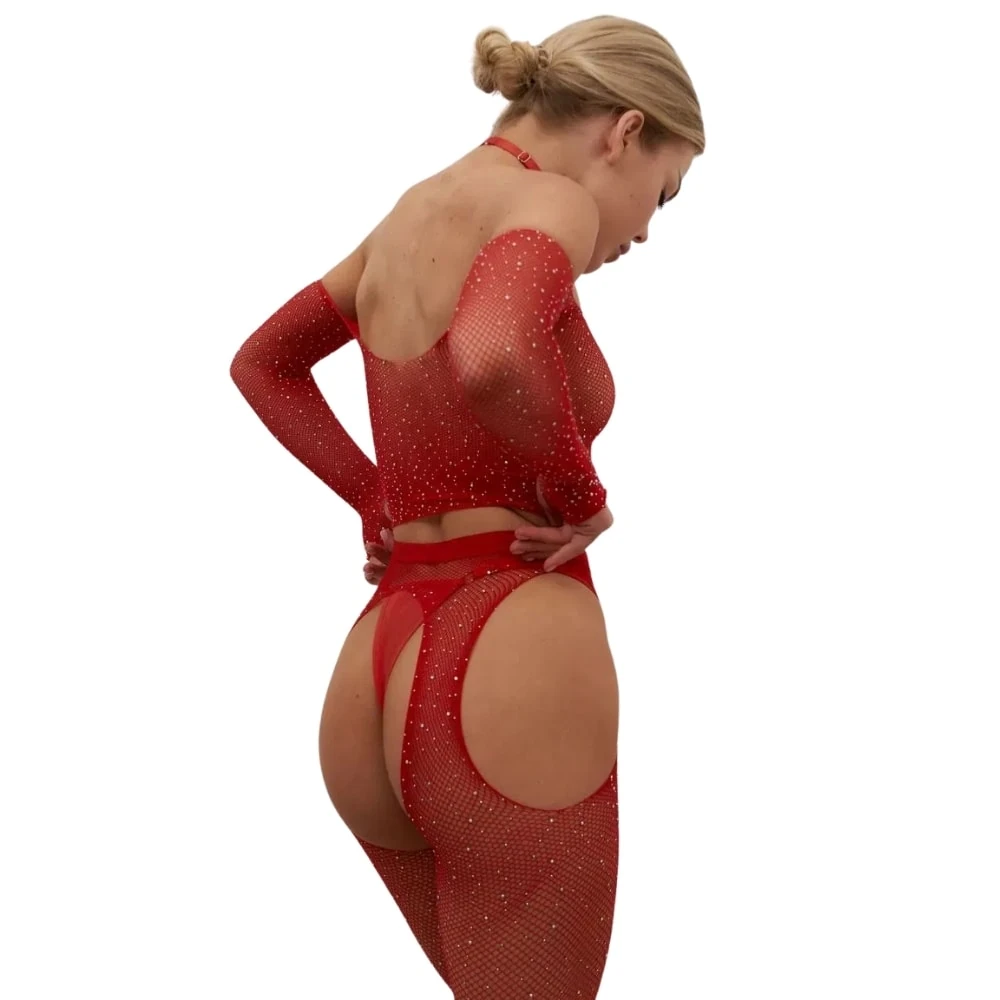 Başka Erotica Wear Özel Bölgesi Açık Kırmızı Taşlı Fantezi Vücut Çorabı
