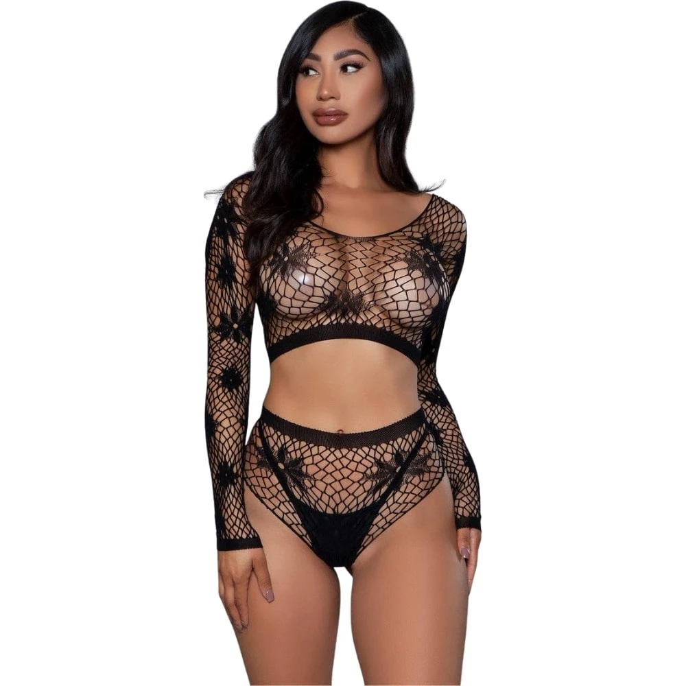 Başka Erotica Wear Çicek Desenli ve Fileli Vücut Çorabı