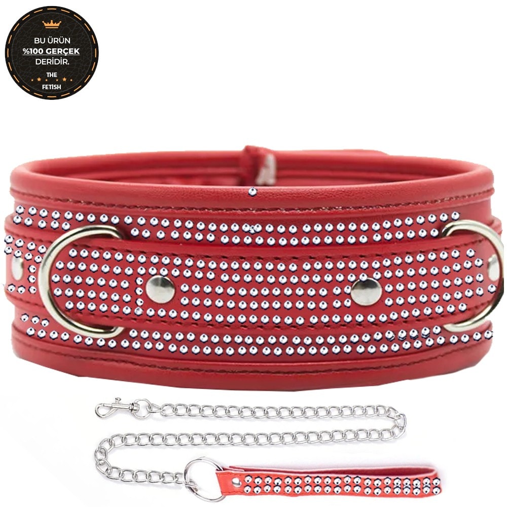 bAŞKa The Fetish Organic Leather Diamond Collar Taşlı Fetiş Tasma-Kırmızı