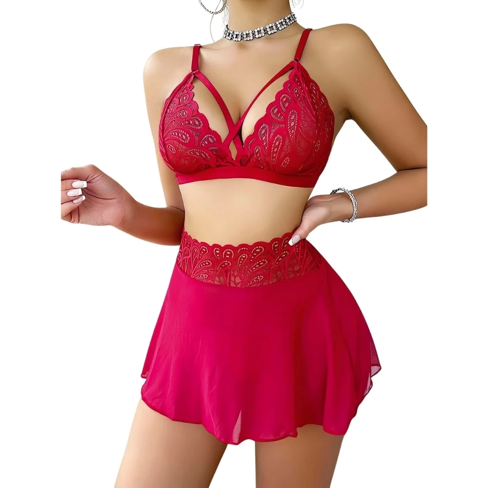 Başka Fantasy Wear Dantel Detaylı Fantezi Mini Etekli Kırmızı Takım