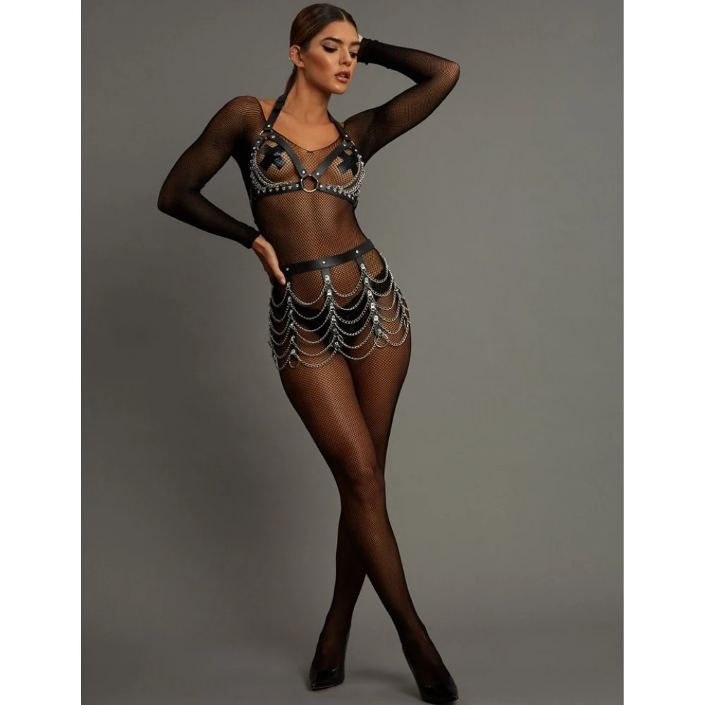 Başka Erotica Wear Zincir Süslemeli Vücut Kemeri Harness