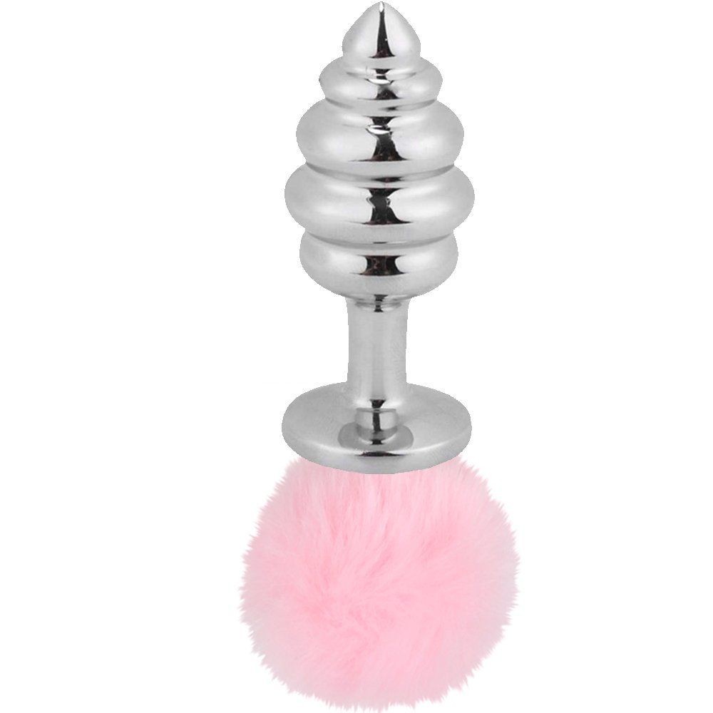 bAŞKa Bunny Tail Pink Ribbed Kuyruk Peluşlu Metal Anal Plug