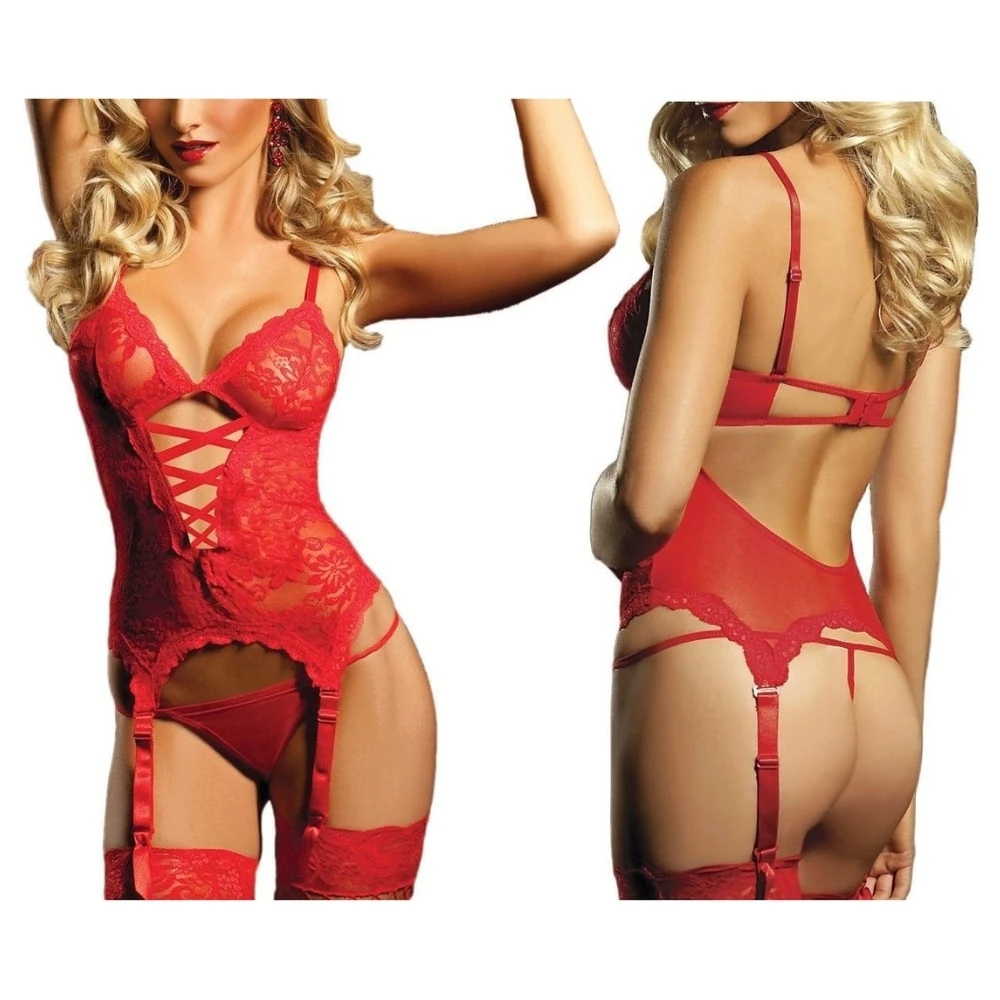 Başka Fantasy Wear Lingerie Dreams Eller Bağlı Kırmızı Jartiyerli Gecelik