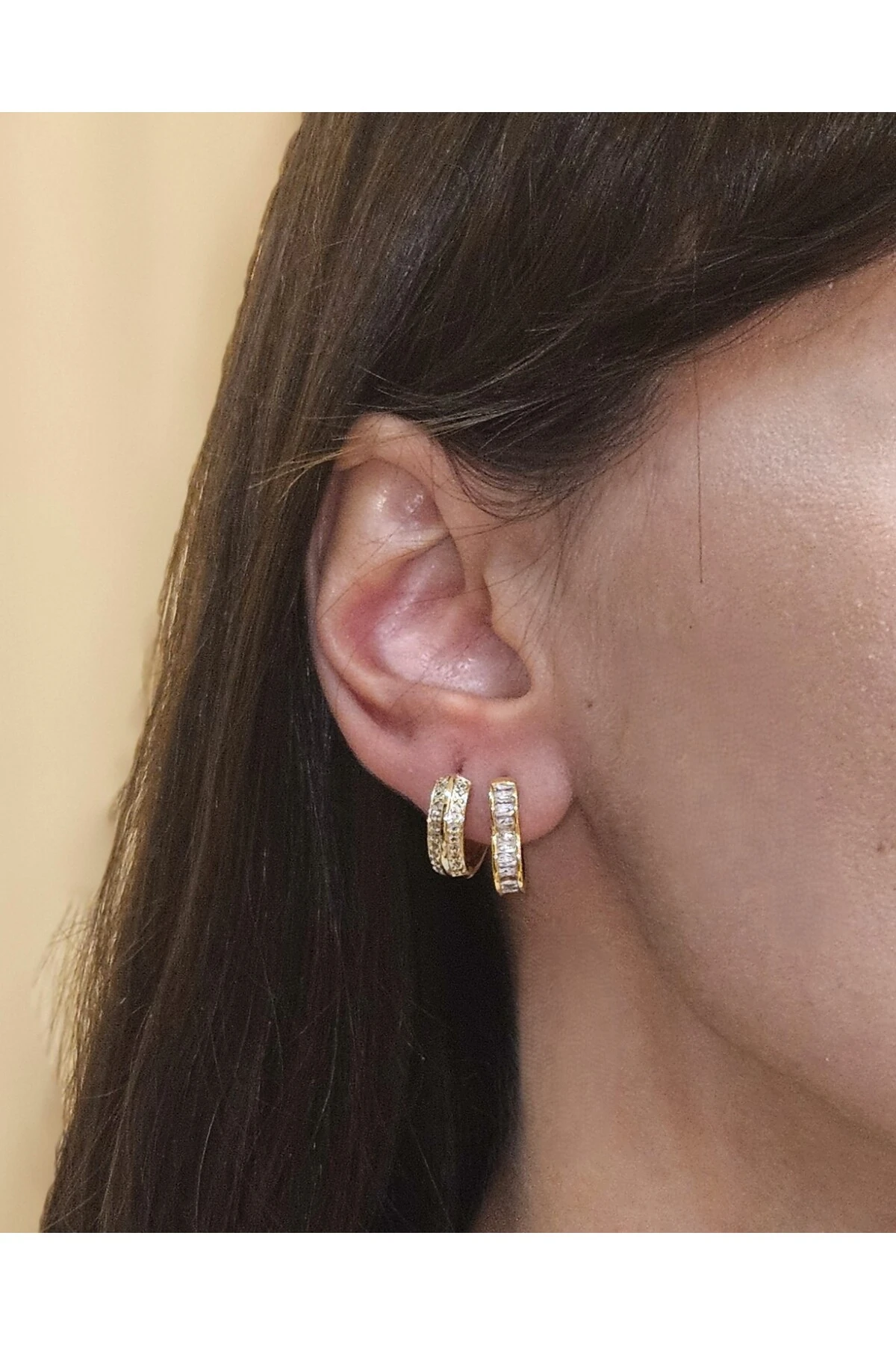 2’li Kararmayan Çelik Küpe Seti – Altın Renk, Kalp & Halka Taşlı