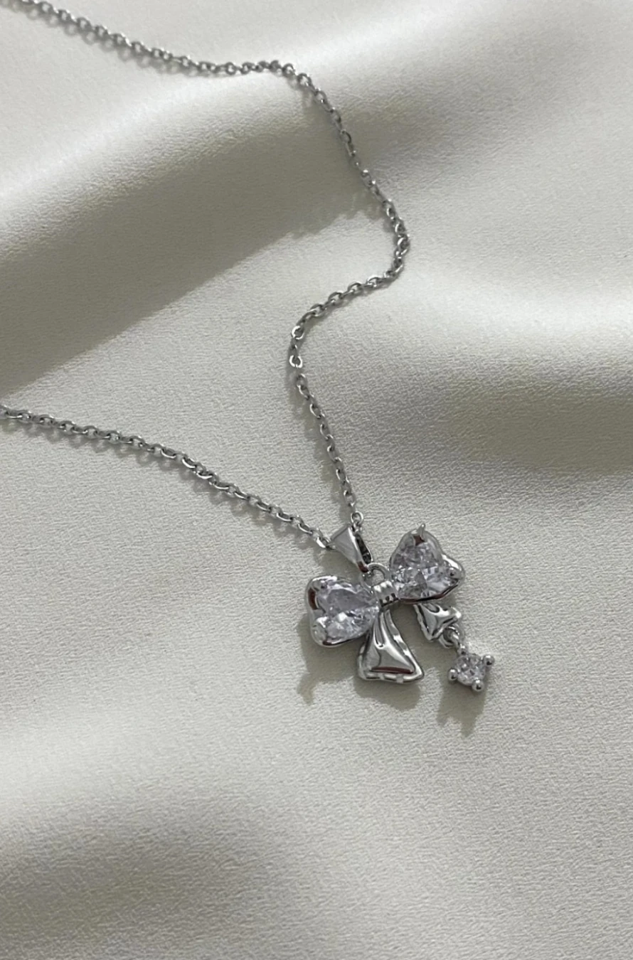 Taşlı Kurdele Kararmaz Çelik Gümüş Renkli Kolye