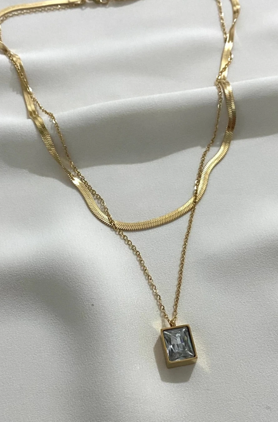 İkili Kararmaz Çelik Kolye - İtalyan Zincir & Taşlı Altın Renkli Kolye