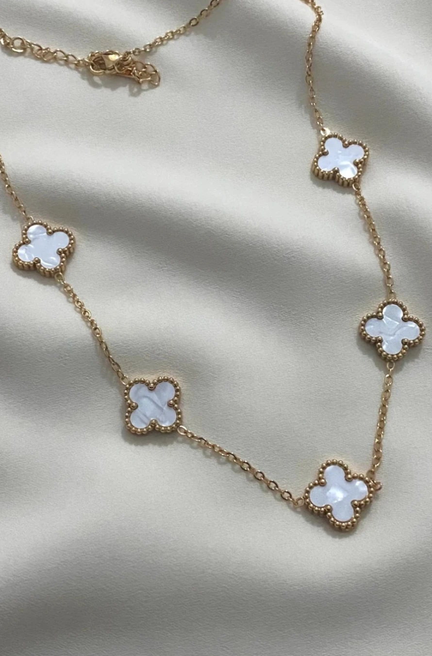 Vancleef Yonca Motifli Kararmaz Çelik Kolye Beyaz