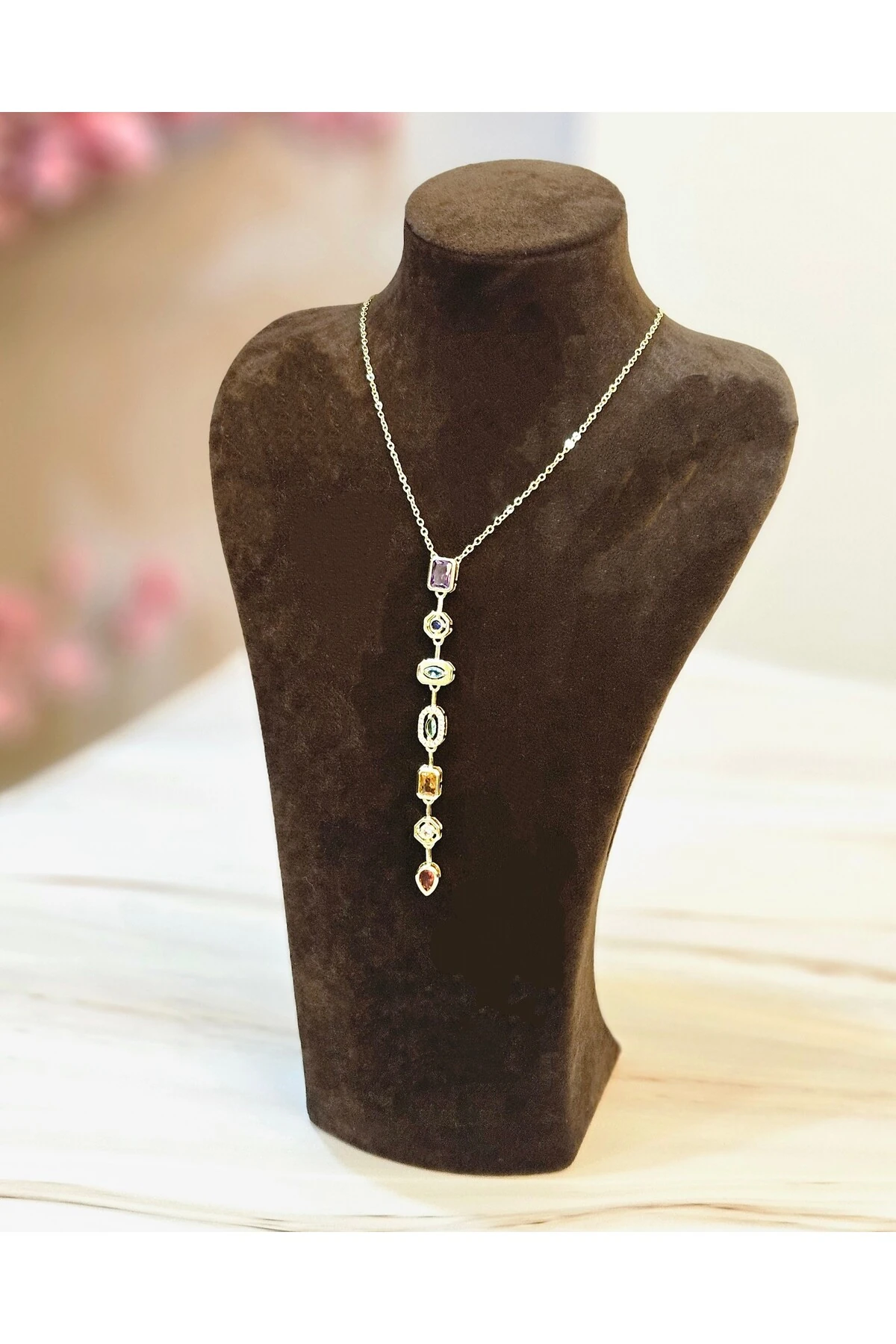 7 Element Çok Renkli Taşlı Kararmayan Çelik Kolye – Altın Renk Paslanmaz Çelik