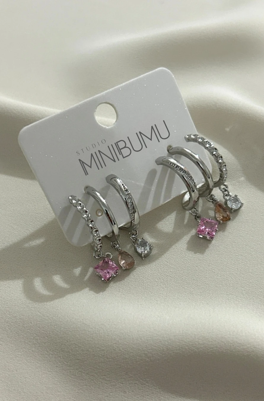 3lü Görünümlü Pembe Taşlı Kararmaz Çelik Gümüş Renkli Küpe Seti