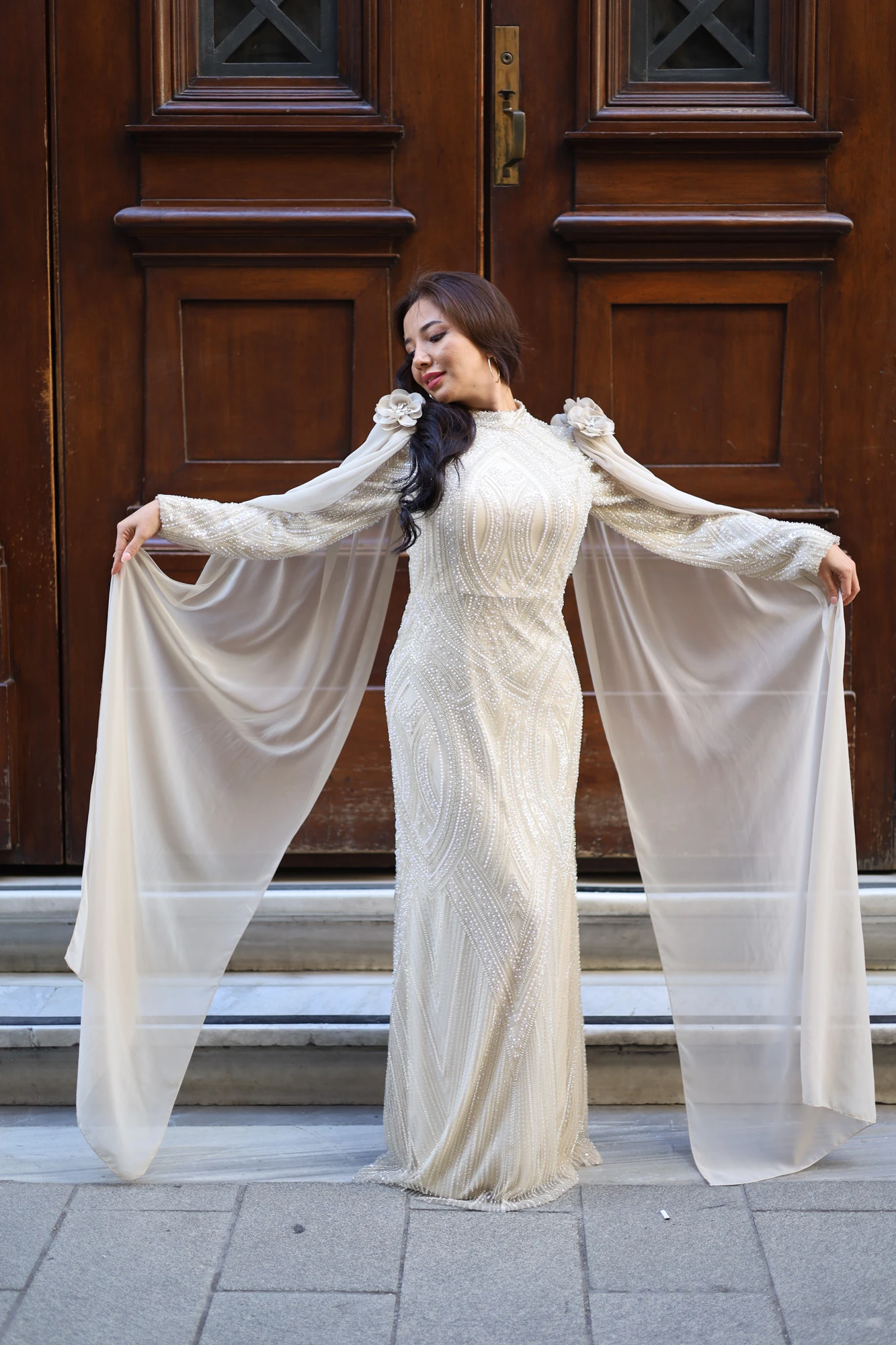 Celestia İşlemeli Şallı Boncuklu Uzun Elbise 3273