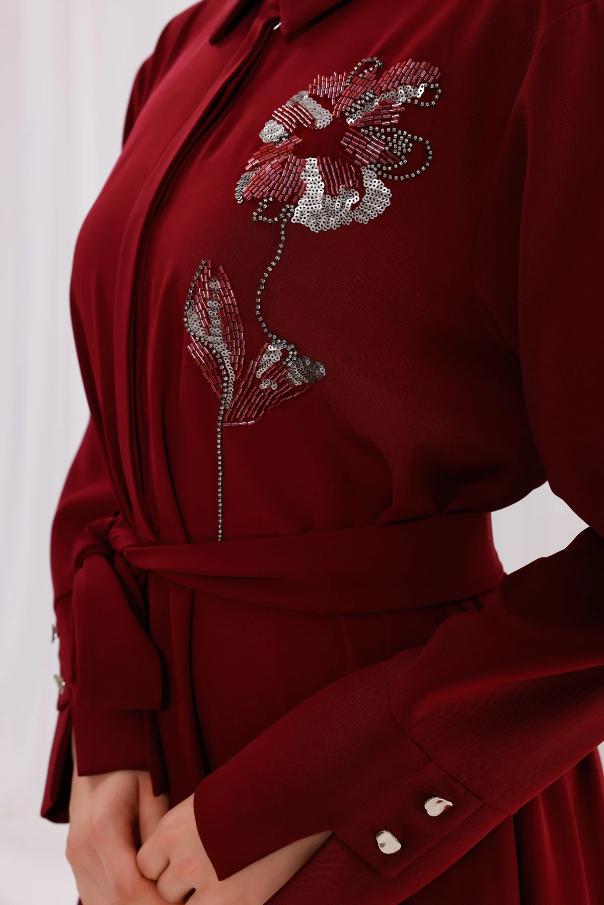 Fleur Desenli Nakış İşlemeli Kuşaklı Elbise 3263