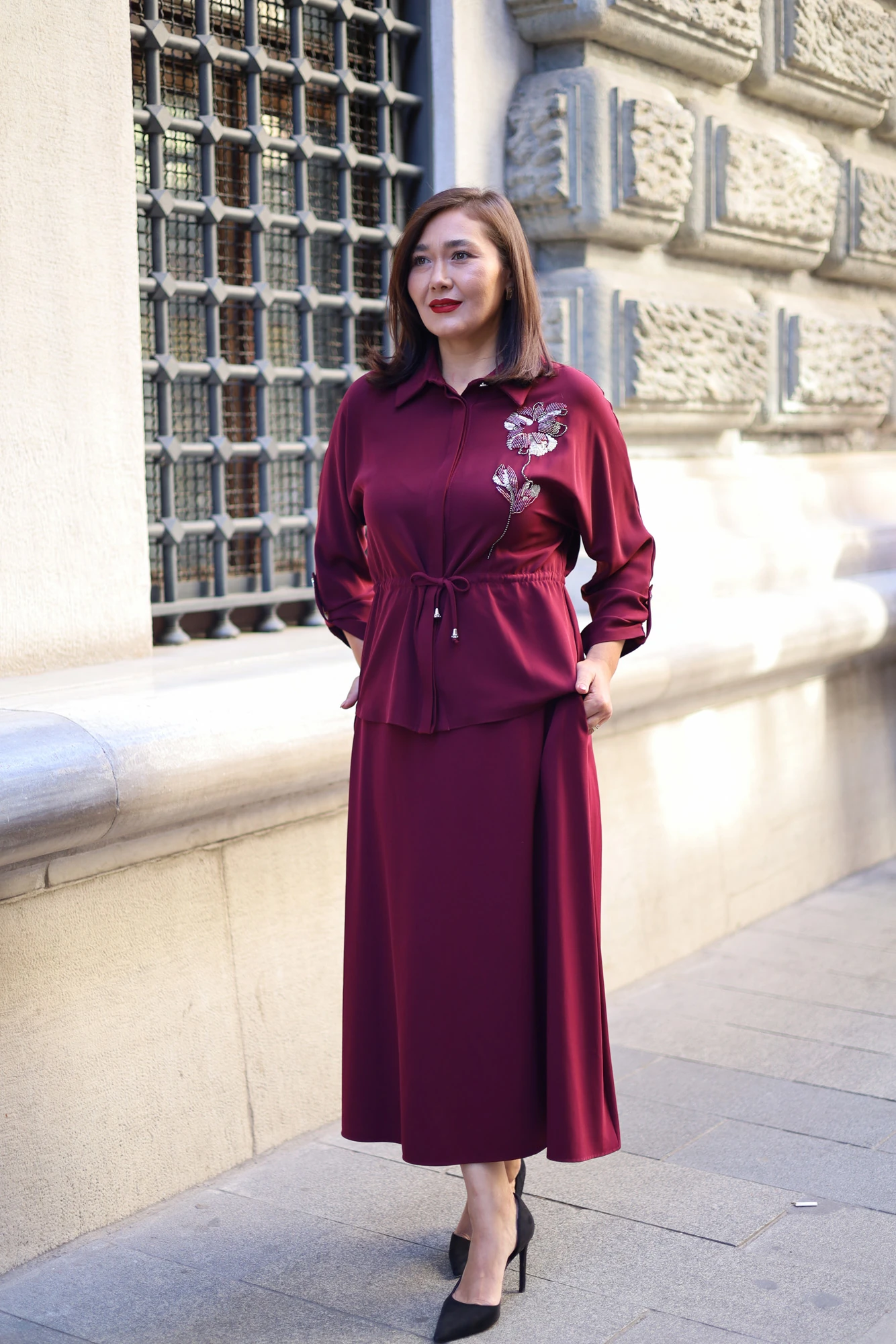 Fleur Desenli Nakış İşlemeli Kuşaklı Takım 3268 - Bordo