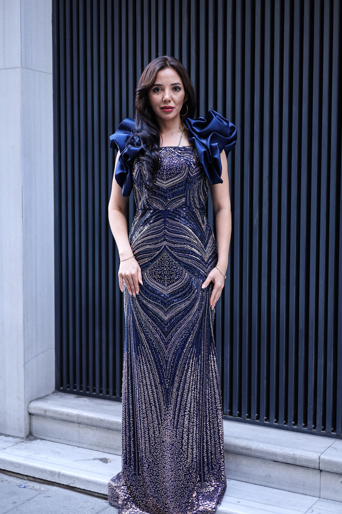 Royal Boncuklu Tüllü Uzun Abiye Elbise - Lacivert