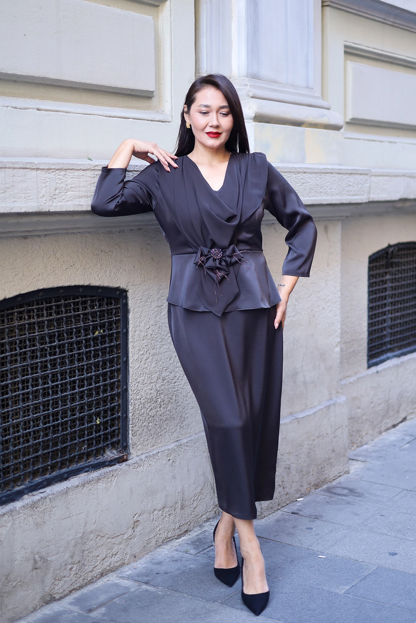 Elegant Drapeli Krep Saten Elbise 9037