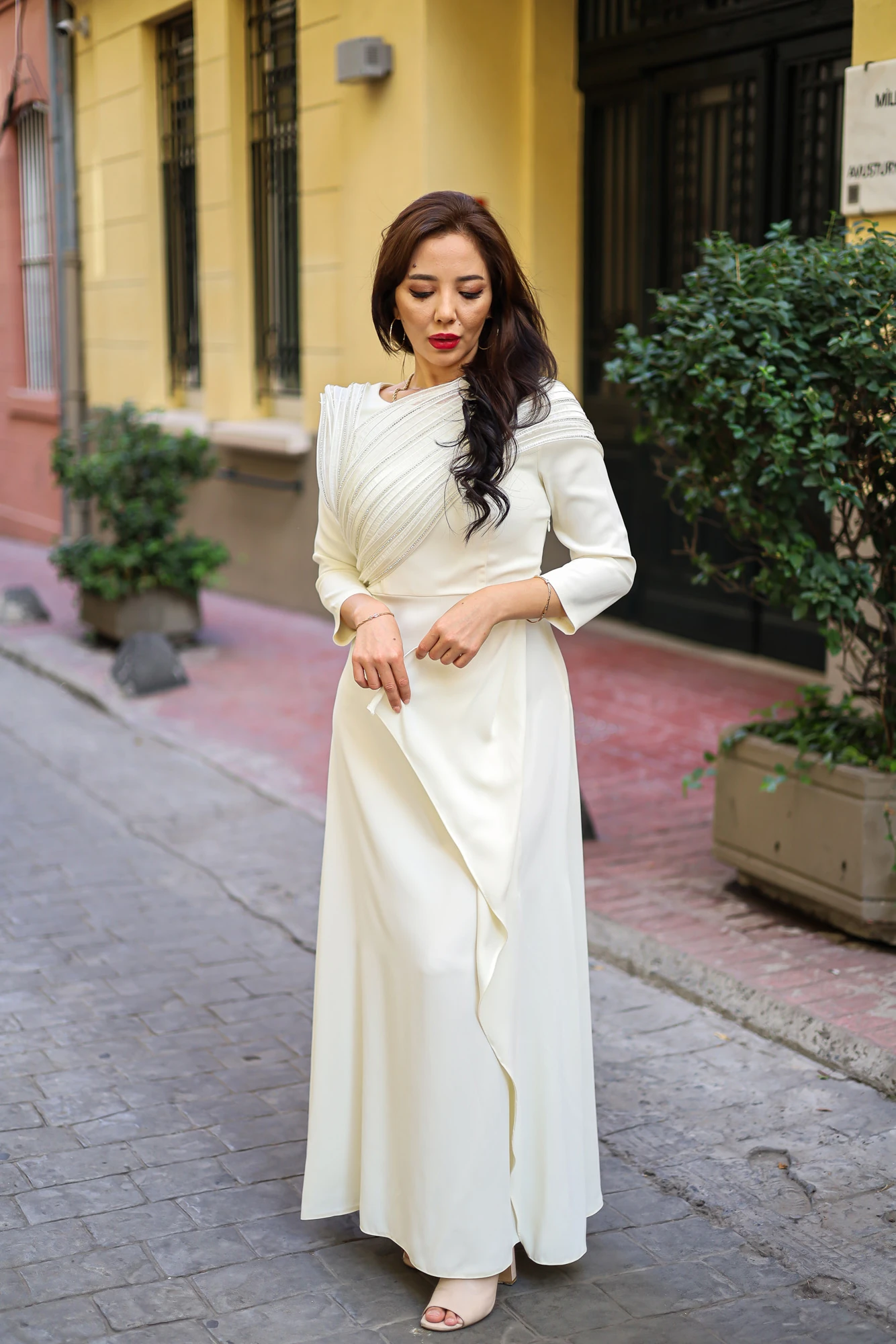 Organze Taşlı Elbise 9023 - Ekru