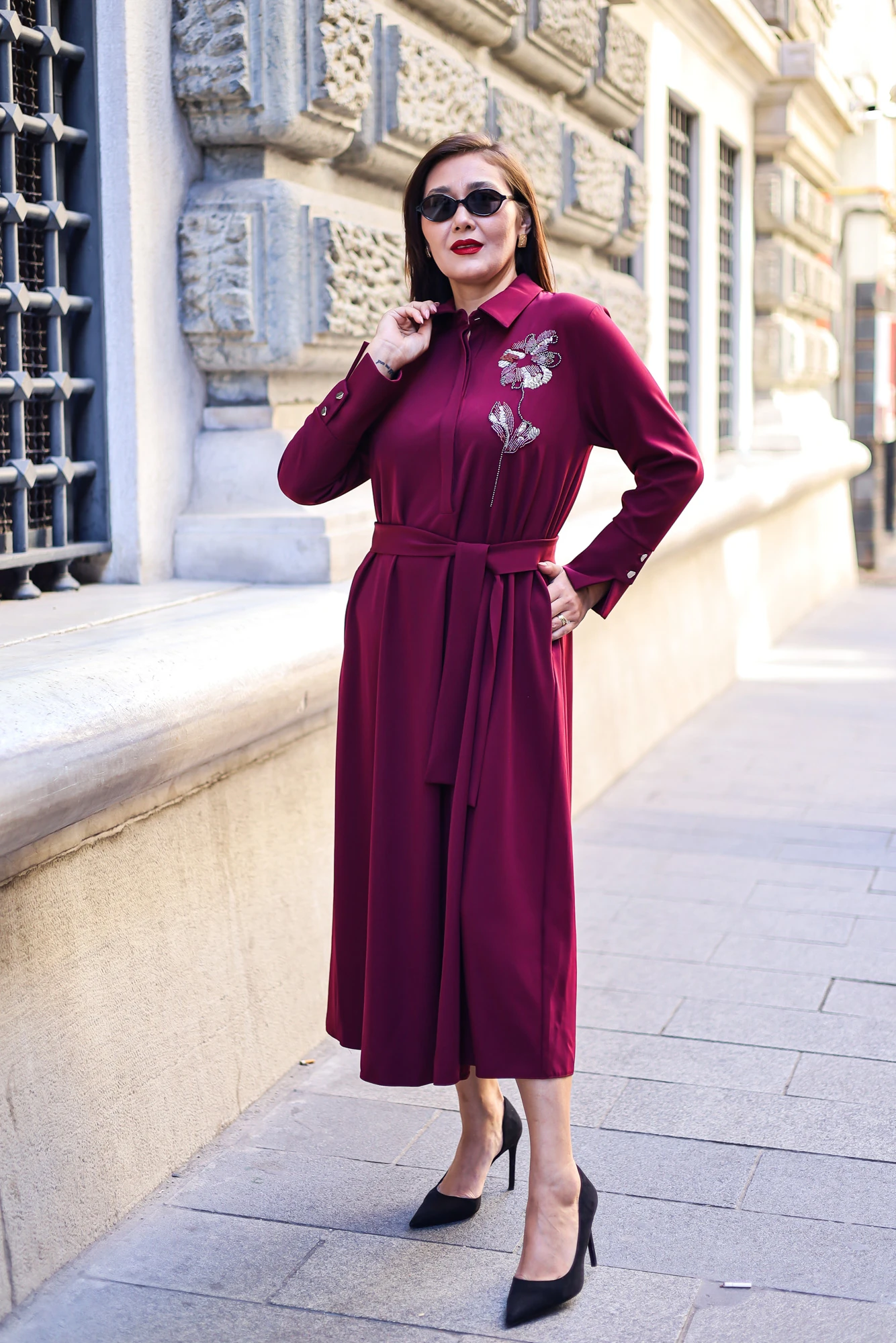 Fleur Desenli Nakış İşlemeli Kuşaklı Elbise 3263 - Fuşya