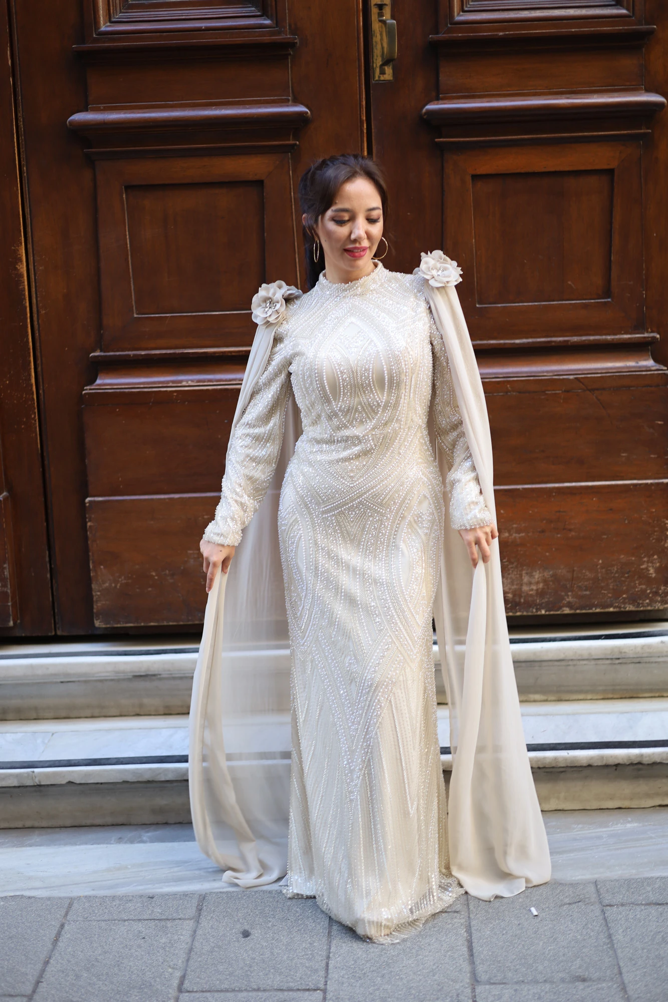 Celestia İşlemeli Şallı Boncuklu Uzun Elbise 3273