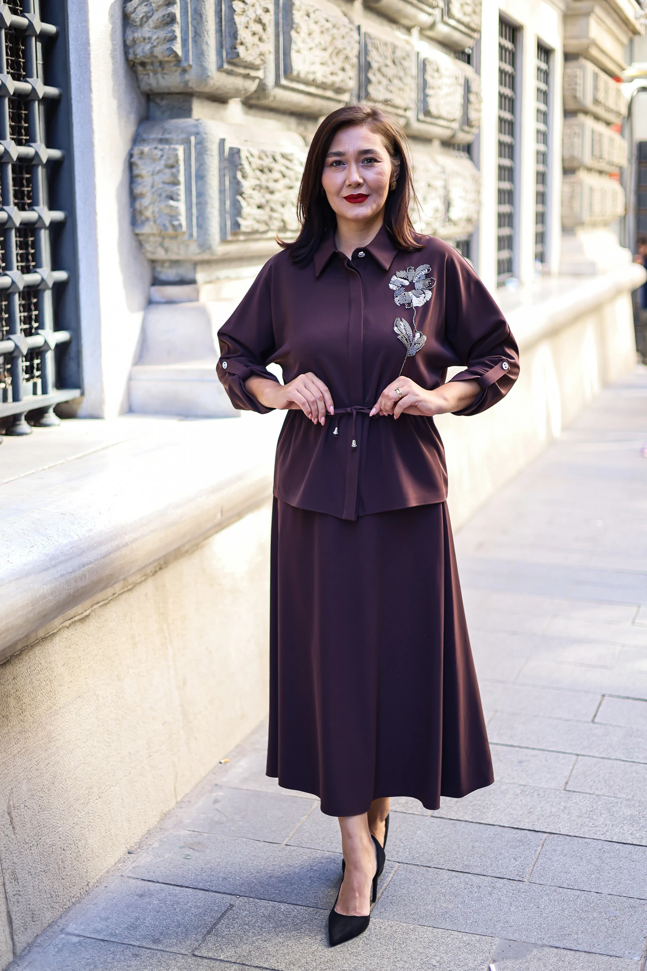 Fleur Desenli Nakış İşlemeli Kuşaklı Takım 3268 - Lila