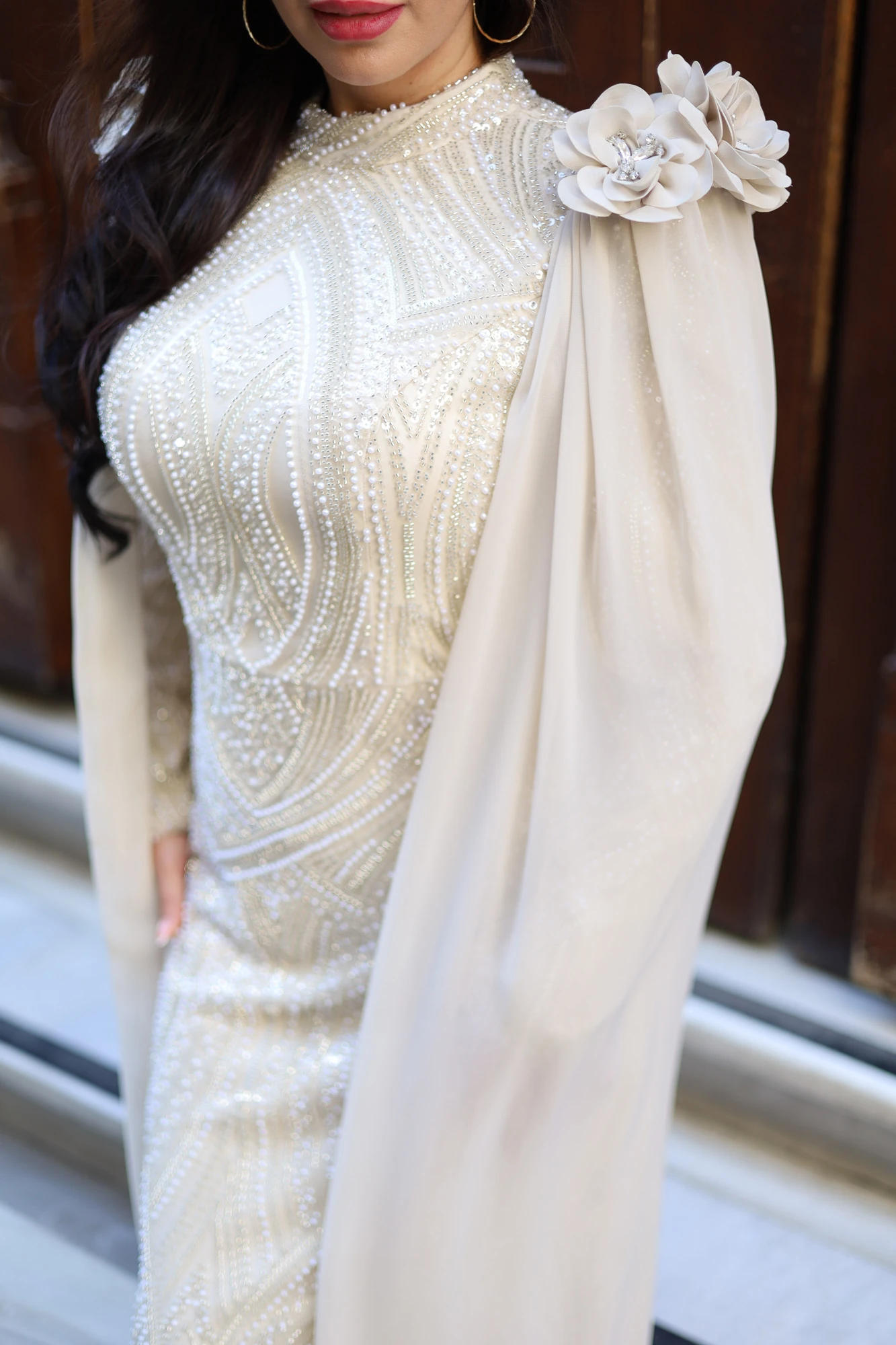 Celestia İşlemeli Şallı Boncuklu Uzun Elbise 3273