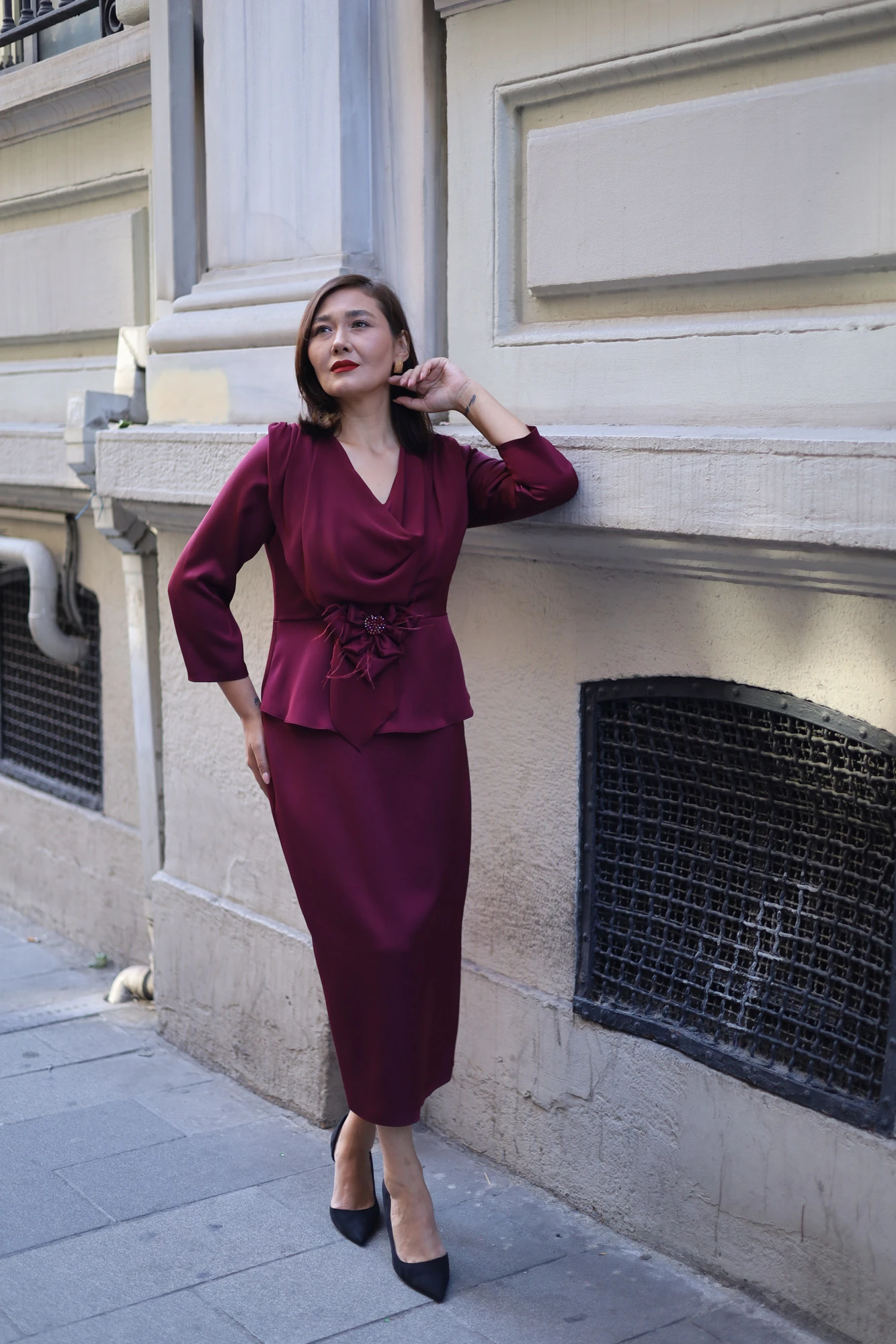 Elegant Drapeli Krep Saten Elbise 9037 - Bordo