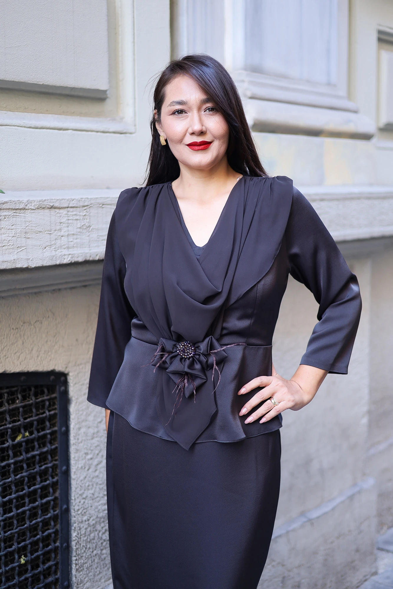 Elegant Drapeli Krep Saten Elbise 9037