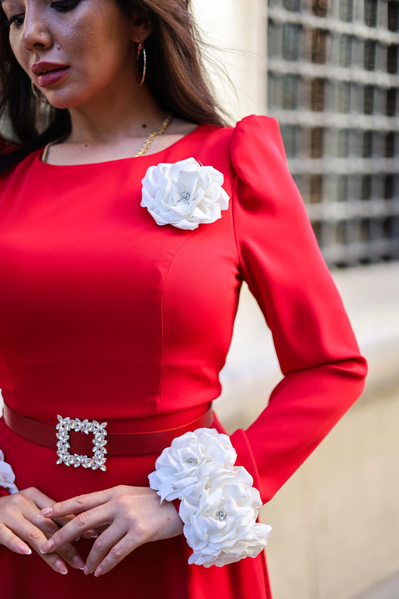 Gül Detaylı Uzun Elbise