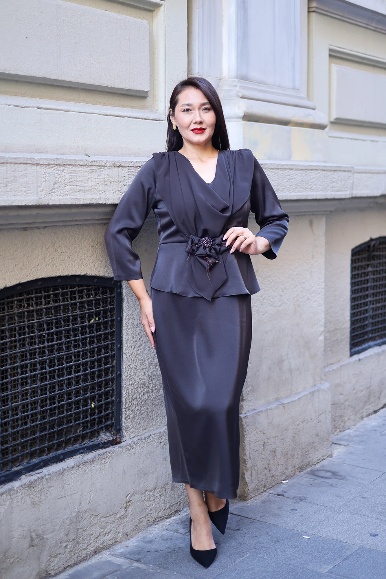 Elegant Drapeli Krep Saten Elbise 9037