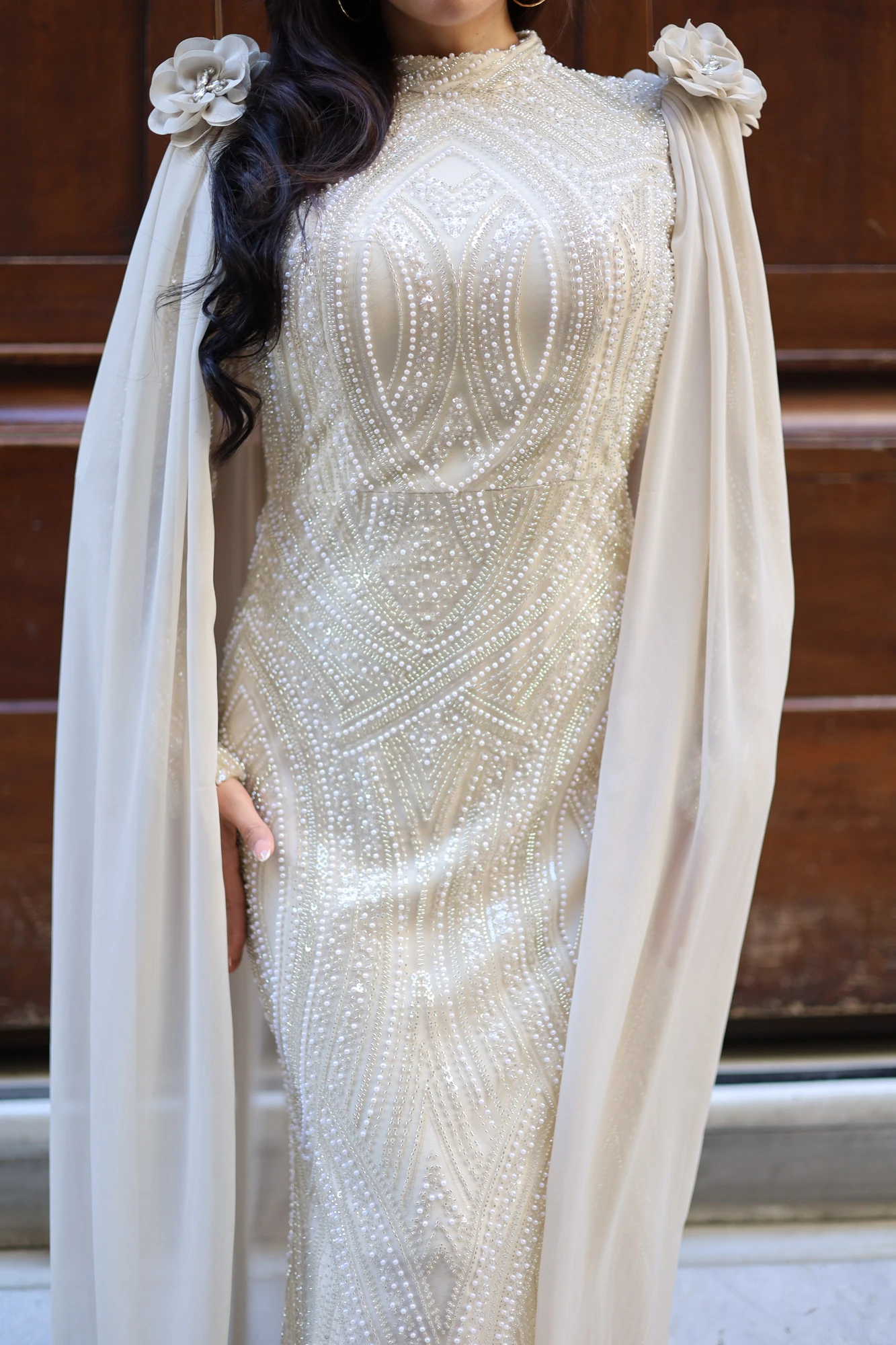 Celestia İşlemeli Şallı Boncuklu Uzun Elbise 3273