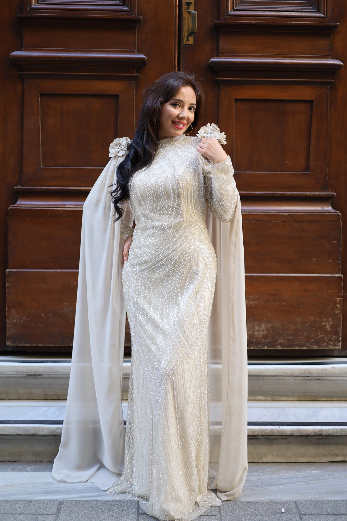 Celestia İşlemeli Şallı Boncuklu Uzun Elbise 3273