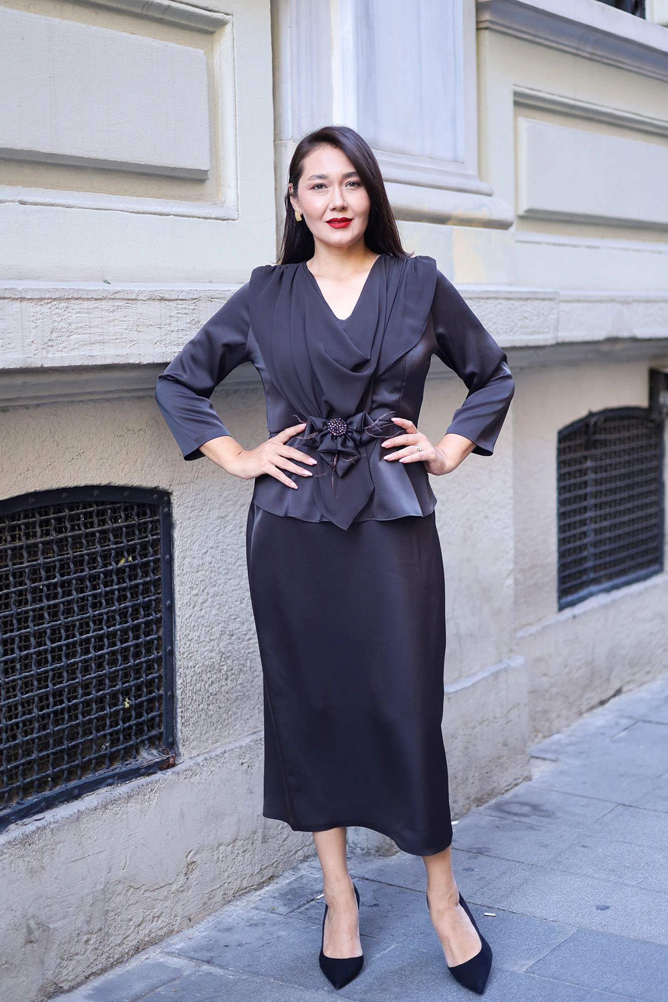 Elegant Drapeli Krep Saten Elbise 9037