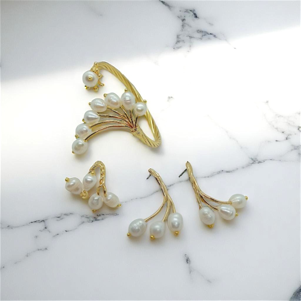 Altın Kaplamalı Doğal İncili Yelpaze Model Set