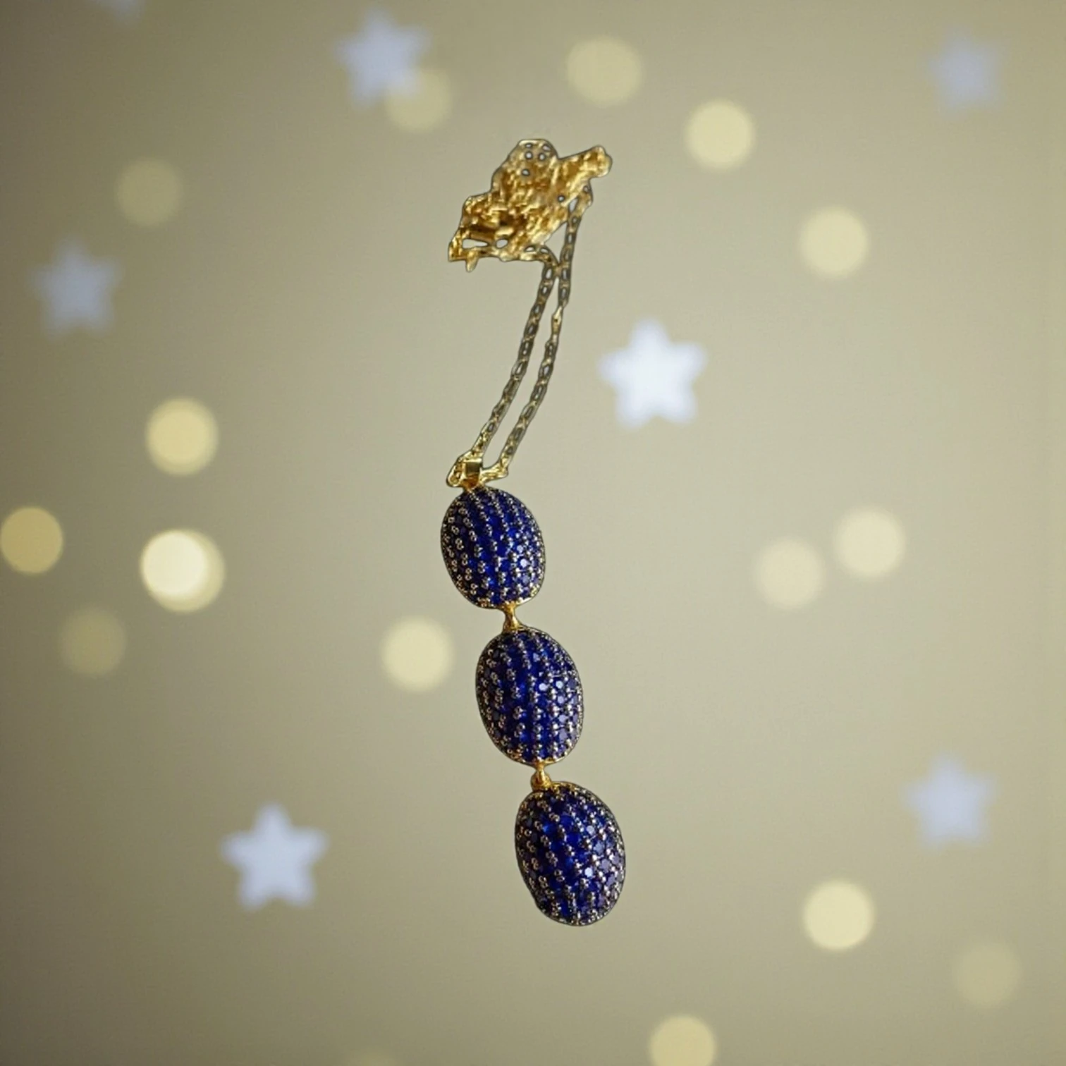 Zirkon Taşlı Altın Kaplamalı Bombe Kolye - Lacivert