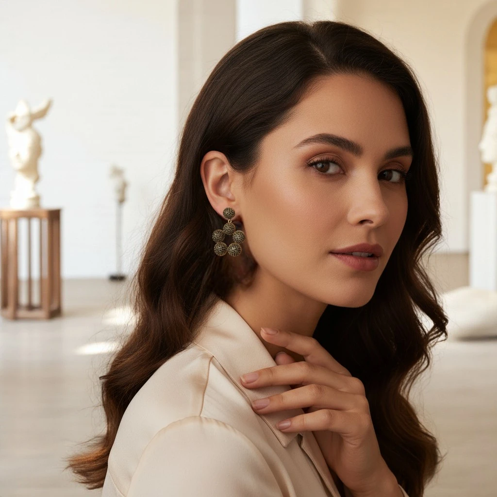 Altın Kaplamalı Zirkon Taşlı Yarım Top Çiçek Küpe - Siyah