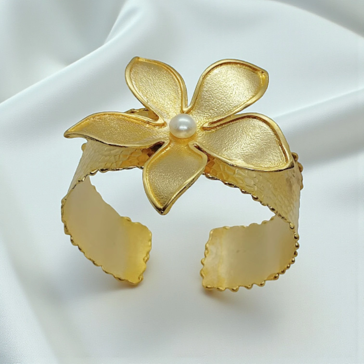 Gold Plated Natural Pearl Floral Cuff Bracelet