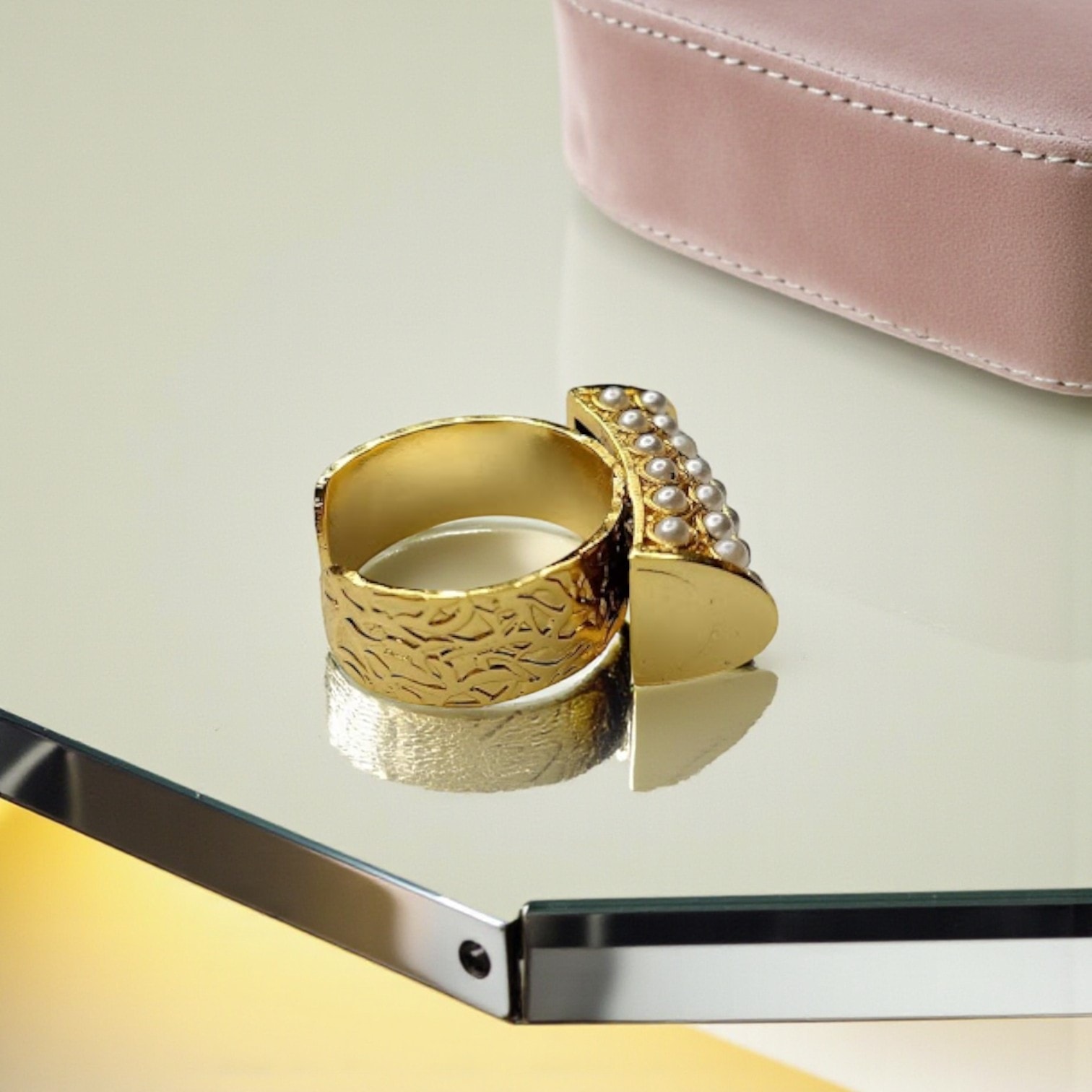 Gold Plated Pearl Bamboo Ring