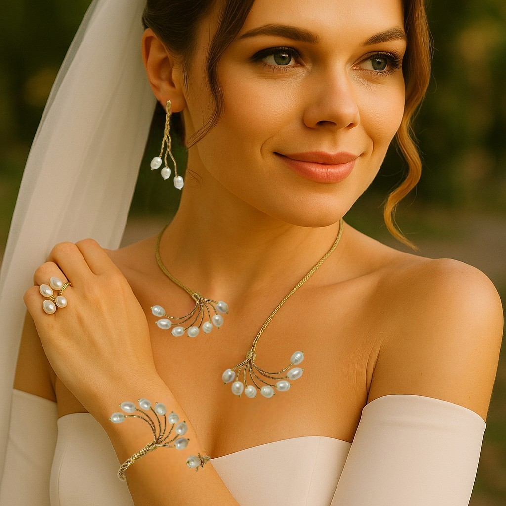 Altın Kaplamalı Doğal İncili Yelpaze Model Set