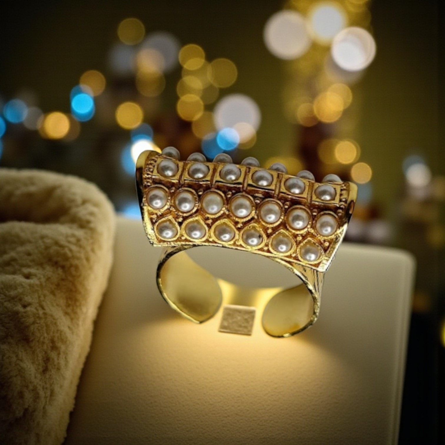 Gold Plated Pearl Bamboo Ring