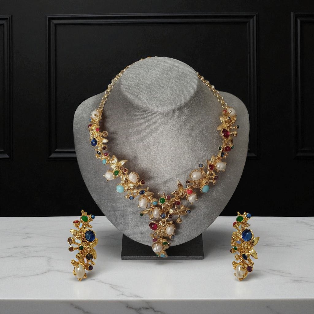 Handmade Gold Plated Natural Pearl and Stone Set