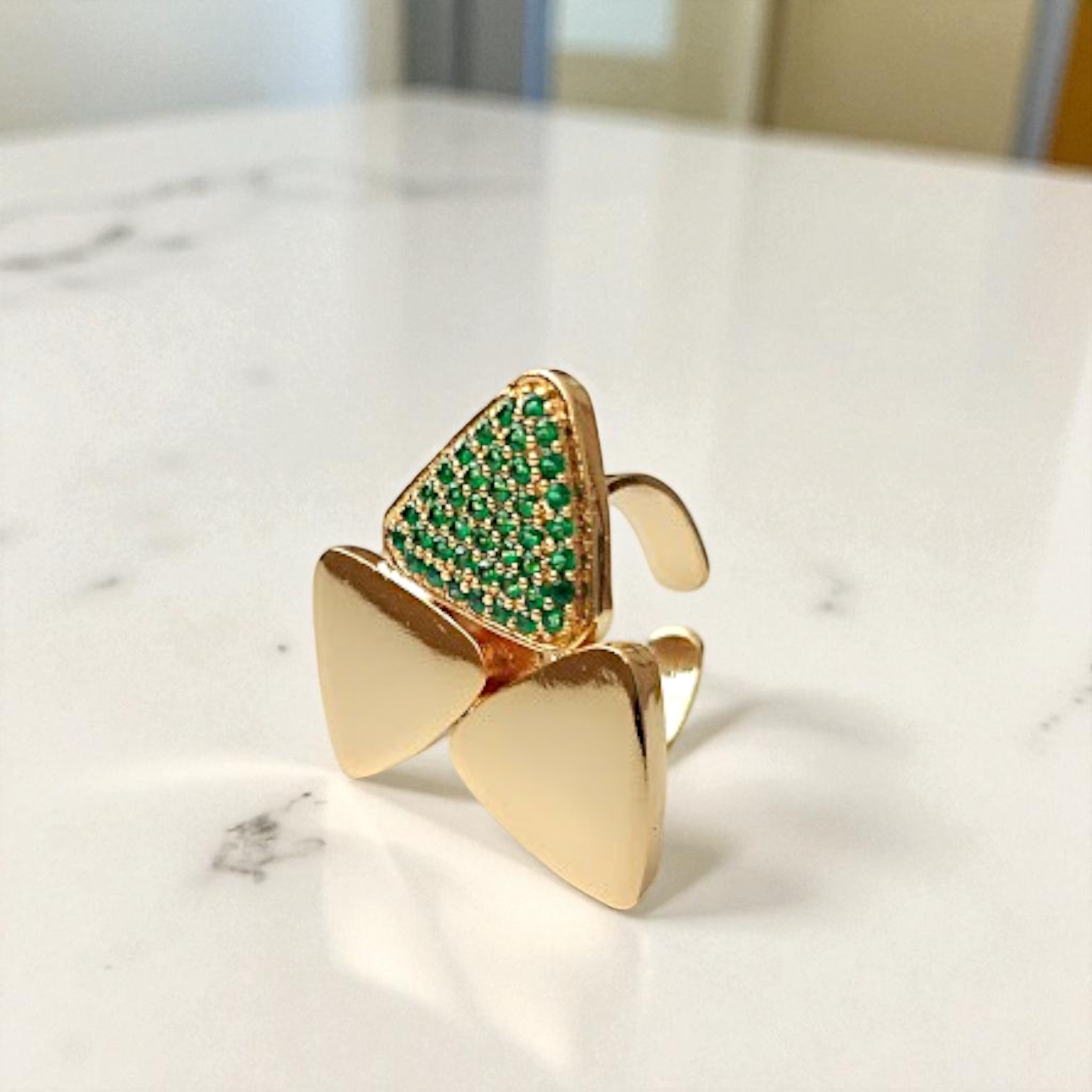 Gold Plated Zircon Triangle Rings - Green