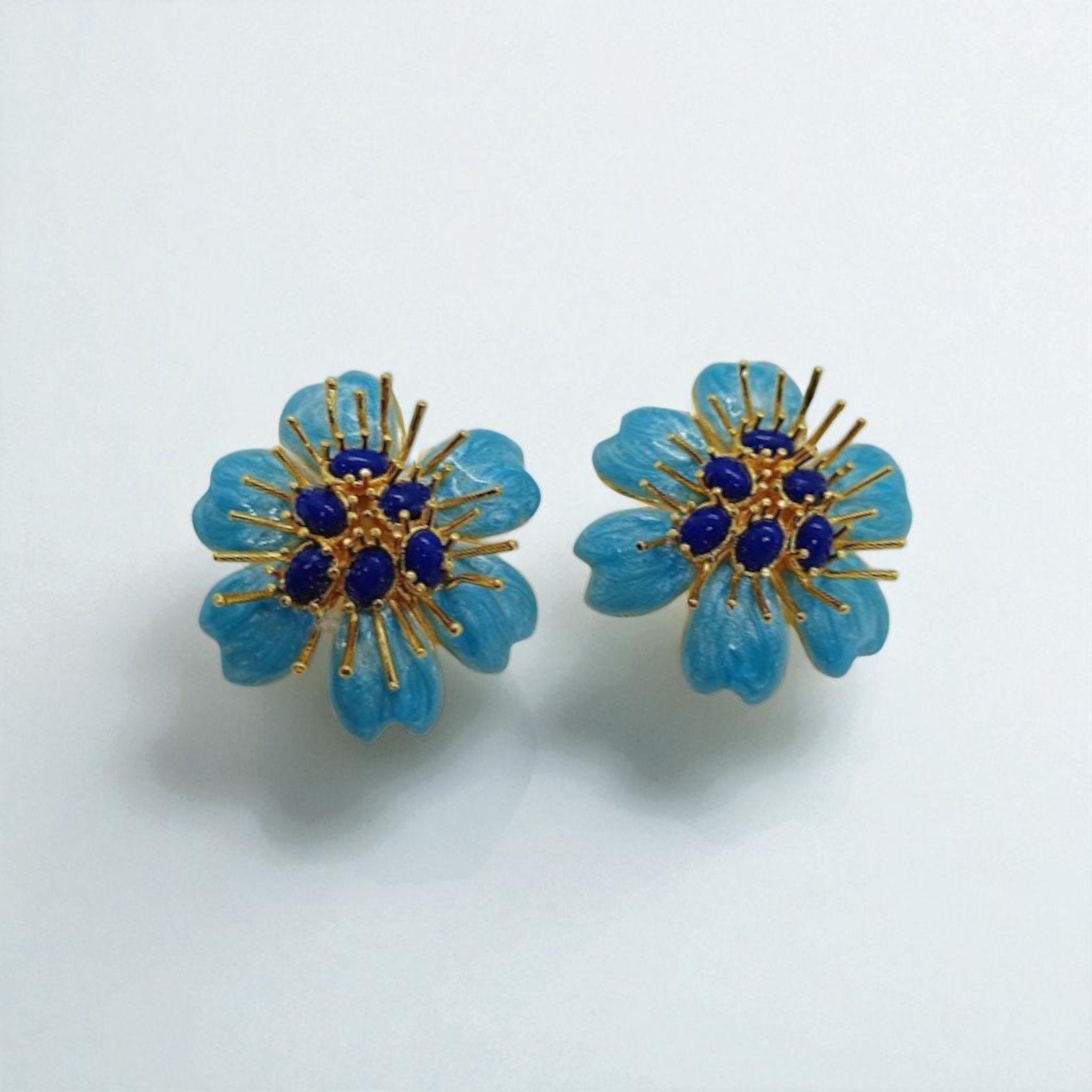 Gold Plated Enameled Flower Earrings - Turquoise