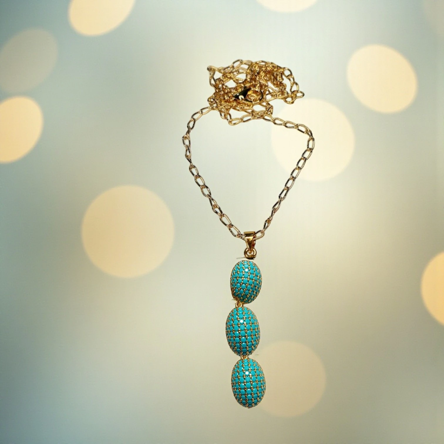 Zirkon Taşlı Altın Kaplamalı Bombe Kolye - Turkuaz