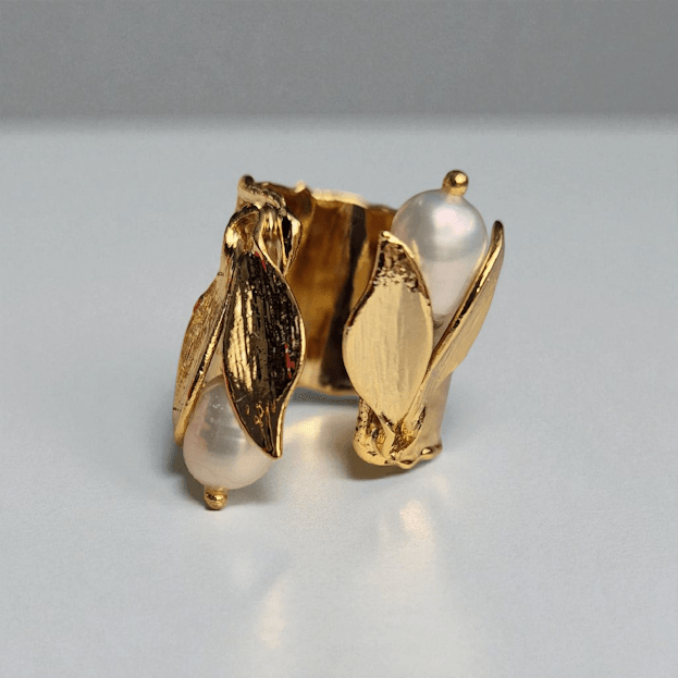 Gold Plated Natural Pearl Leaf Cuff Set