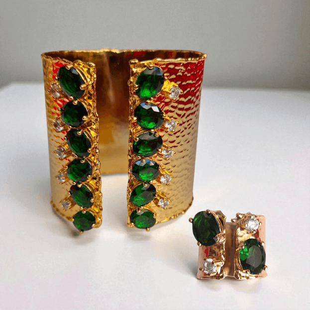 Gold Plated Zircon Drop Stone Cuff Set - Green