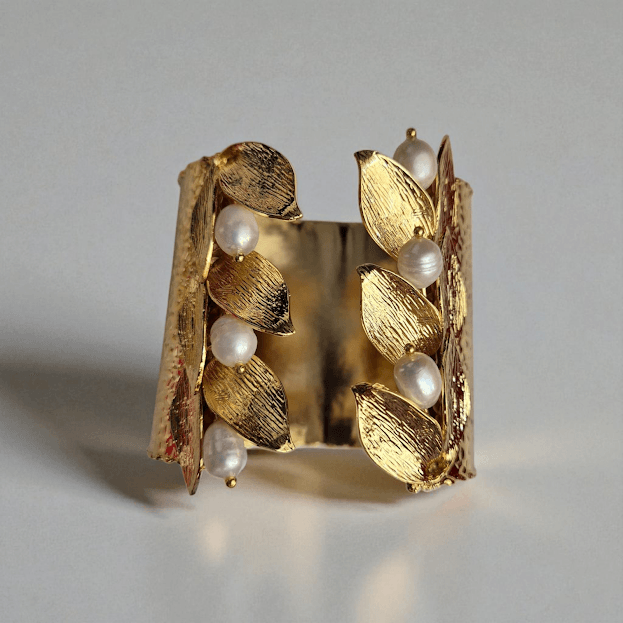 Gold Plated Natural Pearl Leaf Cuff Set