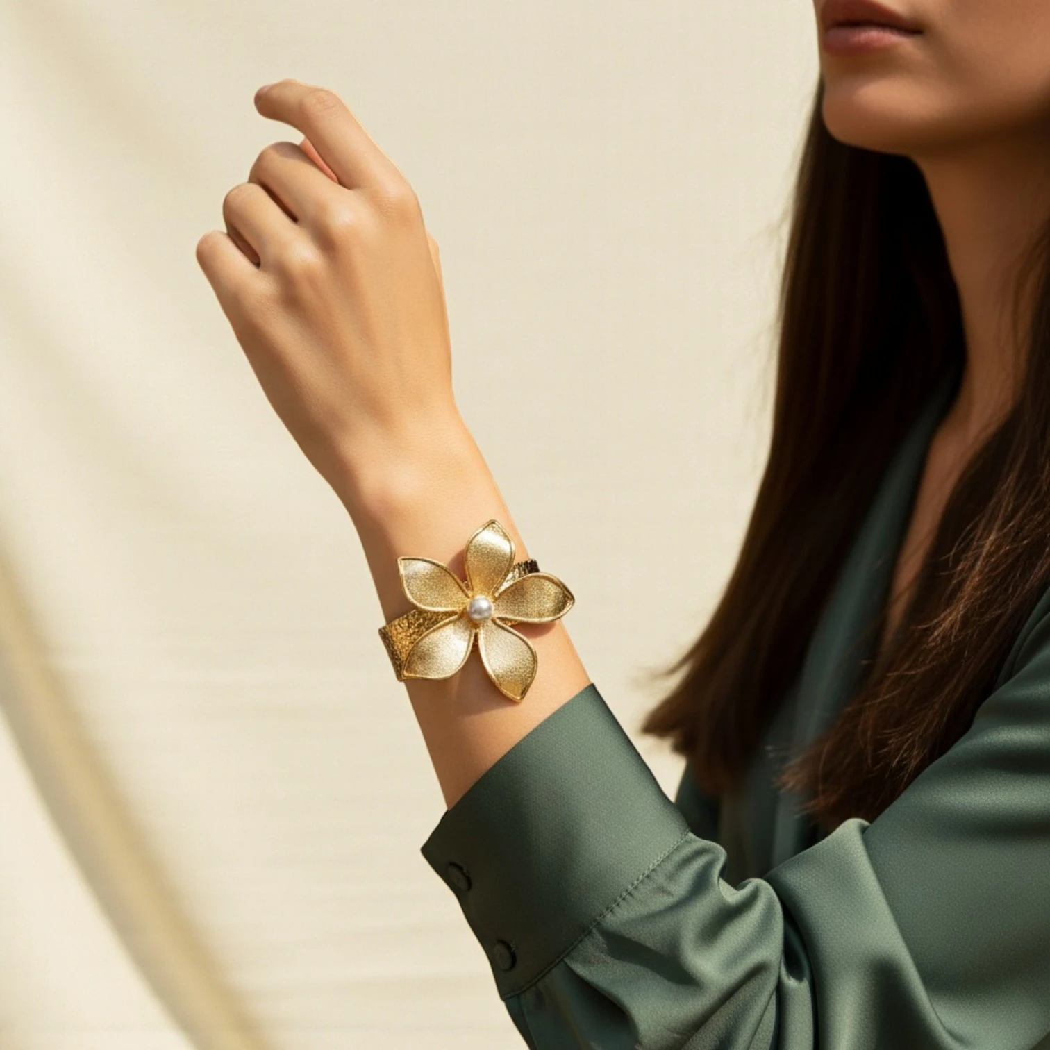 Gold Plated Natural Pearl Floral Cuff Bracelet