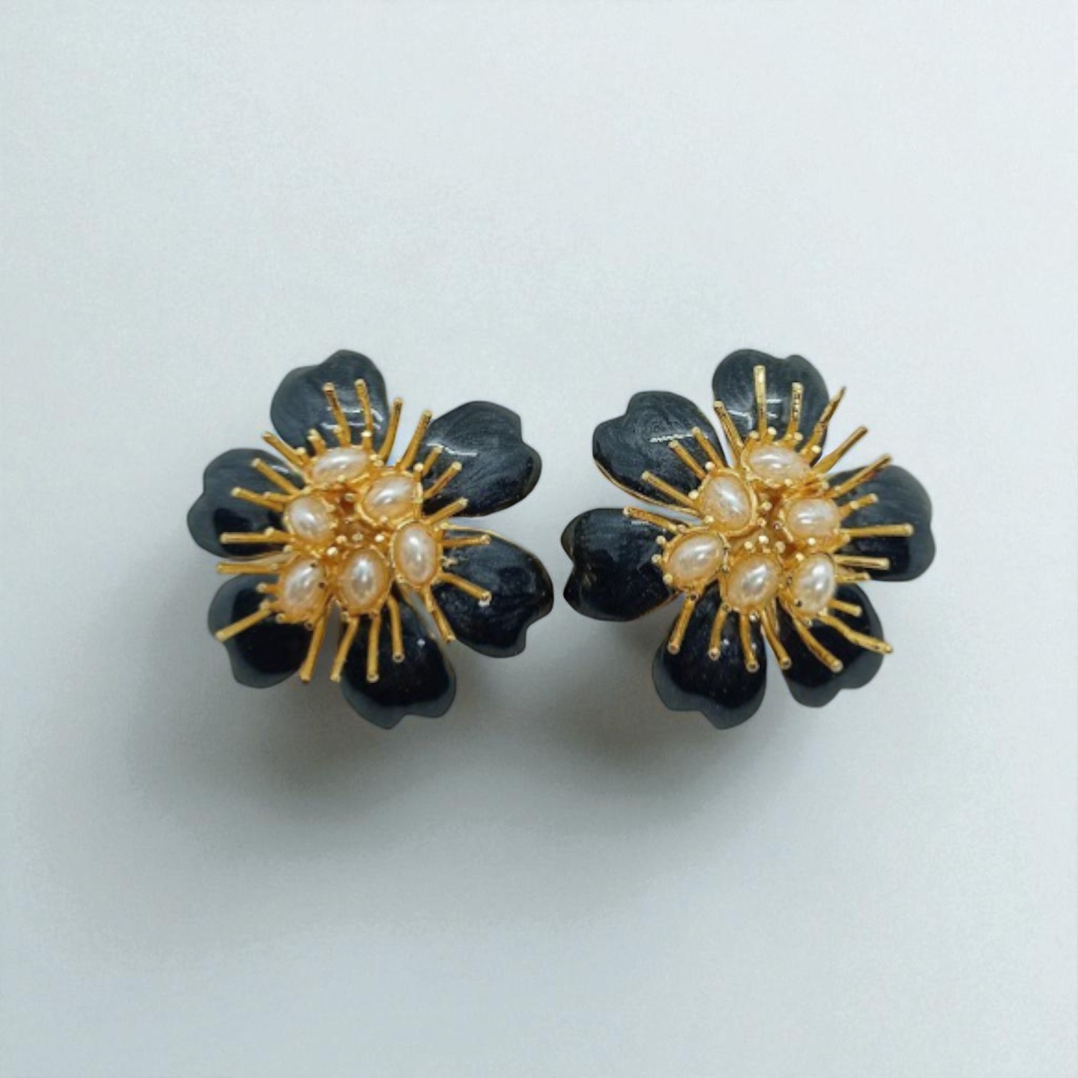 Gold Plated Enameled Flower Earrings - black
